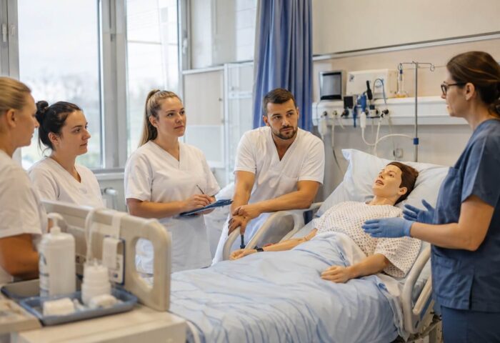 Odrasla udeleženka programa Bolničar negovalec pri praktičnem usposabljanju za nego in oskrbo
