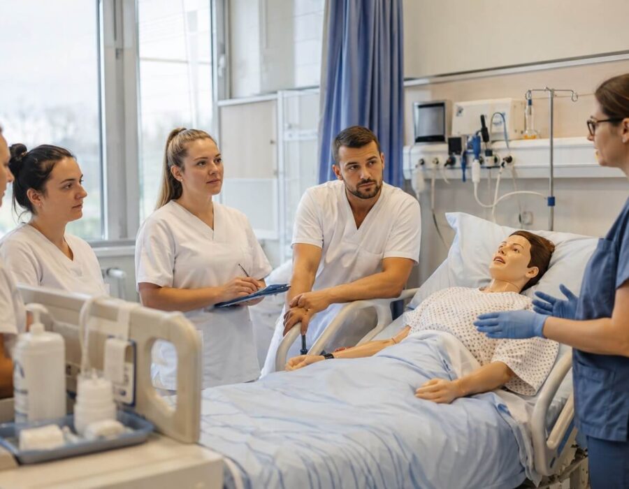 Odrasla udeleženka programa Bolničar negovalec pri praktičnem usposabljanju za nego in oskrbo